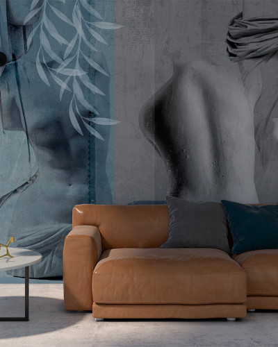 Tapet modern cu design abstract, prezentând torse de marmură din Grecia antică în nuanțe de alb și albastru deschis.