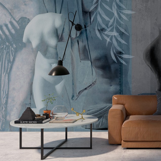Tapet modern cu design abstract, prezentând torse de marmură din Grecia antică în nuanțe de alb și albastru deschis.