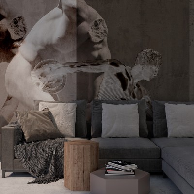 Tapet cu design modern abstract, cu sculpturi clasice în tonuri de gri și alb
