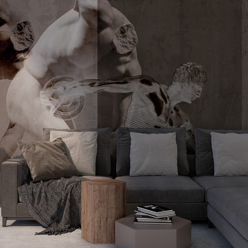 Tapet cu design modern abstract, cu sculpturi clasice în tonuri de gri și alb