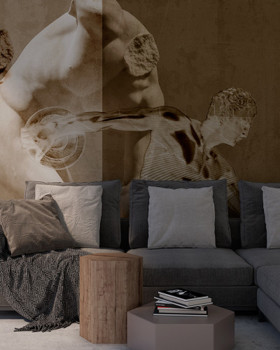 Tapet cu design abstract Torso Figures TF1.05.2 - YO2, cu torsuri sculptate în sepia, decor modern pentru living, dormitor sau birou