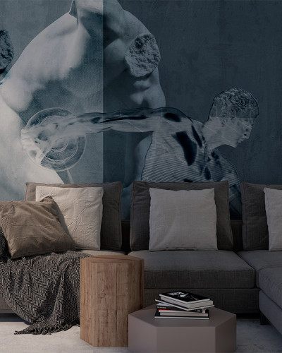 Tapet modern cu torsuri masculine, design abstract, gri-albastru