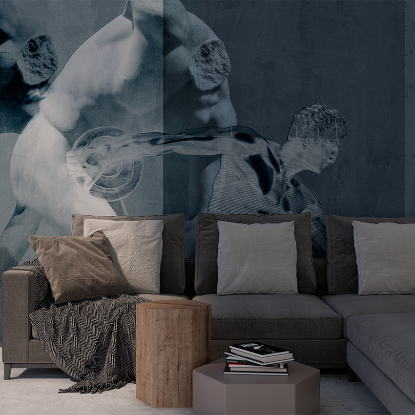 Tapet modern cu torsuri masculine, design abstract, gri-albastru