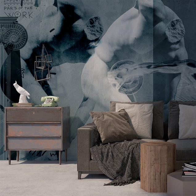 Tapet modern cu torsuri masculine, design abstract, gri-albastru