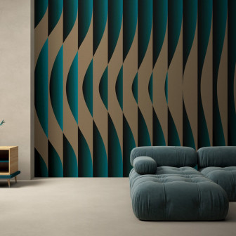 Tapet cu design abstract în nuanțe de bej și turcoaz într-un interior modern