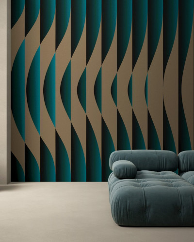Tapet cu design abstract în nuanțe de bej și turcoaz într-un interior modern