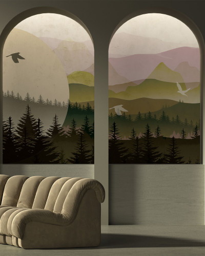 Tapet mural cu un design minimalist și modern, cu o imagine a unui peisaj montan captivant, perfect pentru un living sau dormitor elegant.