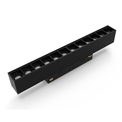 Spot negru pentru șină magnetică iluminând o cameră de zi modernă