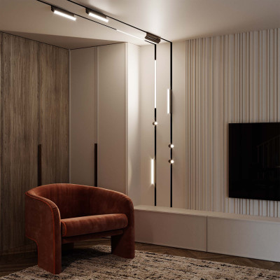 Șină magnetică încastrată neagră de 200cm într-un living modern.