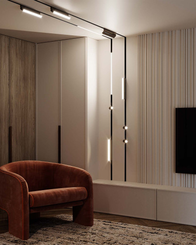 Șină magnetică încastrată neagră într-un living modern