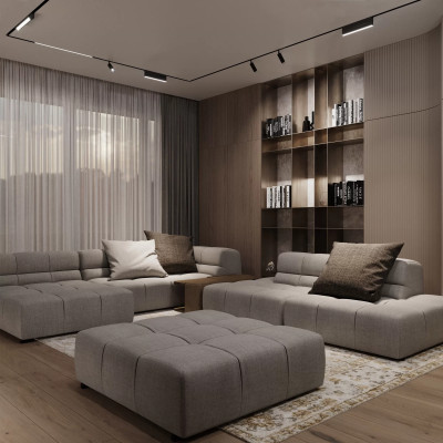 Spot negru pentru șină magnetică într-un living modern