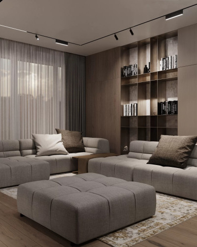 Spot negru pe șină magnetică într-un living modern