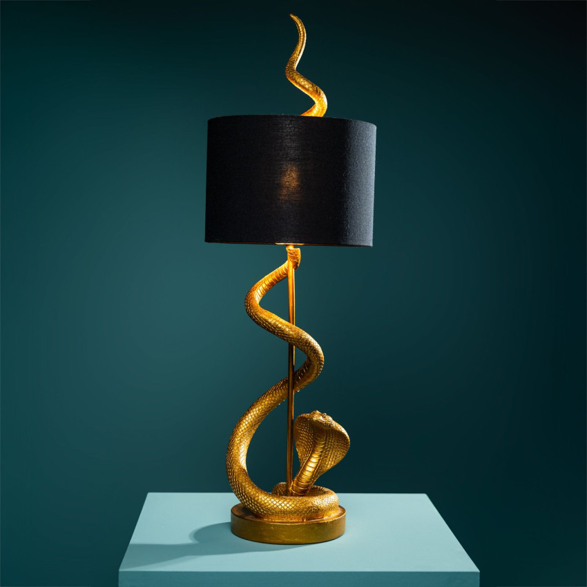 Lampă de masă cu design modern, finisaj auriu și abajur negru