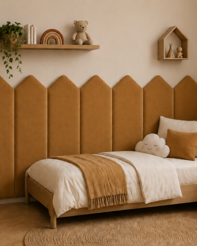 Panou tapițat auriu cu design de săgeată deasupra patului într-o cameră de copii.
