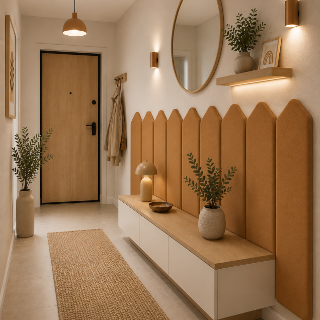 Panou tapițat auriu cu design de săgeată deasupra patului într-o cameră de copii.
