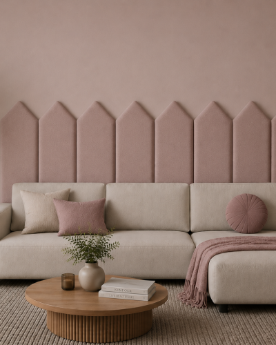 Panou tapițat roz cu design Arrow deasupra unui canapea crem