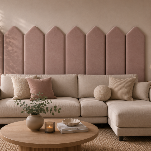 Panou tapițat roz cu design Arrow deasupra unui canapea crem