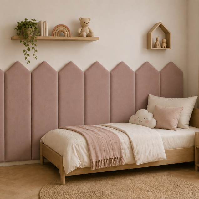 Panou tapițat roz cu design Arrow deasupra unui canapea crem