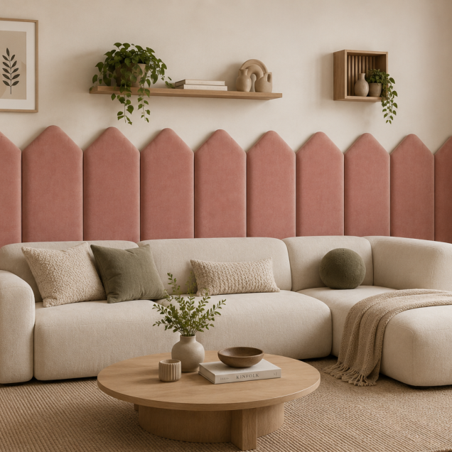 Panou tapițat roz cu design Arrow deasupra unui canapea crem