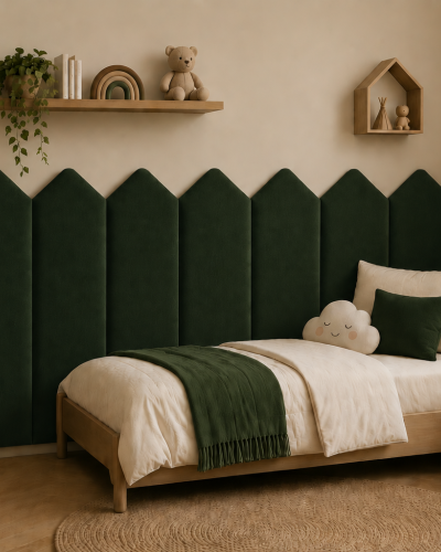 Panou tapițat verde cu design în formă de săgeată, instalat pe peretele de deasupra unui pat de copil.