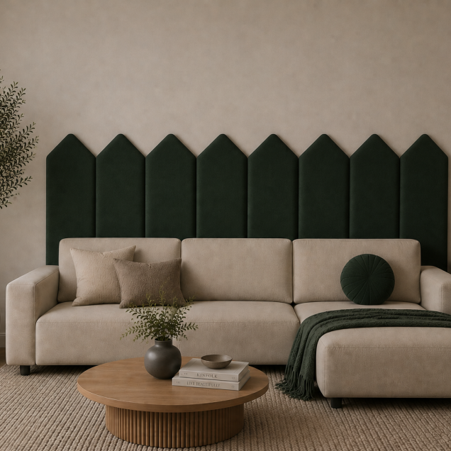 Panou tapițat verde cu design în formă de săgeată, instalat pe peretele de deasupra unui pat de copil.