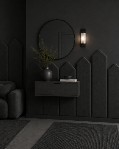 Panou tapițat gri grafit, 20 cm, cu design modern în formă de săgeți, integrat într-un living elegant.