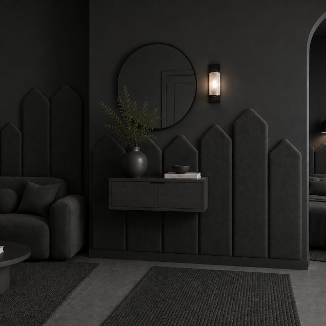 Panou tapițat gri grafit, 20 cm, cu design modern în formă de săgeți, integrat într-un living elegant.