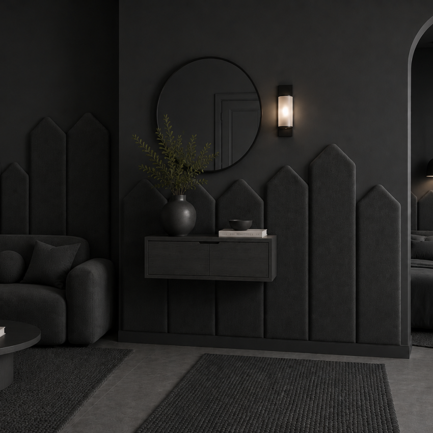 Panou tapițat gri grafit, 20 cm, cu design modern în formă de săgeți, integrat într-un living elegant.