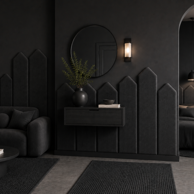 Panou tapițat gri grafit, 20 cm, cu design modern în formă de săgeți, integrat într-un living elegant.