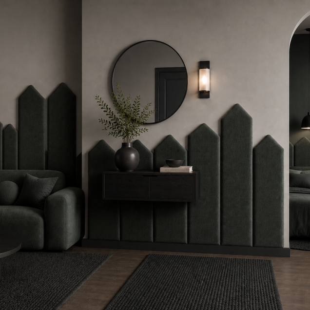 Panou tapițat gri grafit, 20 cm, cu design modern în formă de săgeți, integrat într-un living elegant.