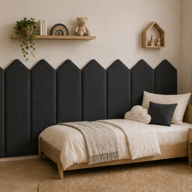 Panou tapițat gri grafit, 20 cm, cu design modern în formă de săgeți, integrat într-un living elegant.