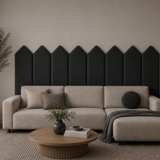 Panou tapițat gri grafit, 20 cm, cu design modern în formă de săgeți, integrat într-un living elegant.