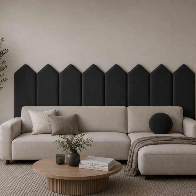Panou tapițat gri grafit, 20 cm, cu design modern în formă de săgeți, integrat într-un living elegant.