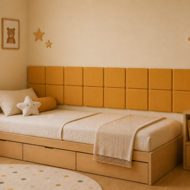 Panouri tapițate galbene cu design Cvadrat dispuse pe un perete deasupra unei canapele bej.