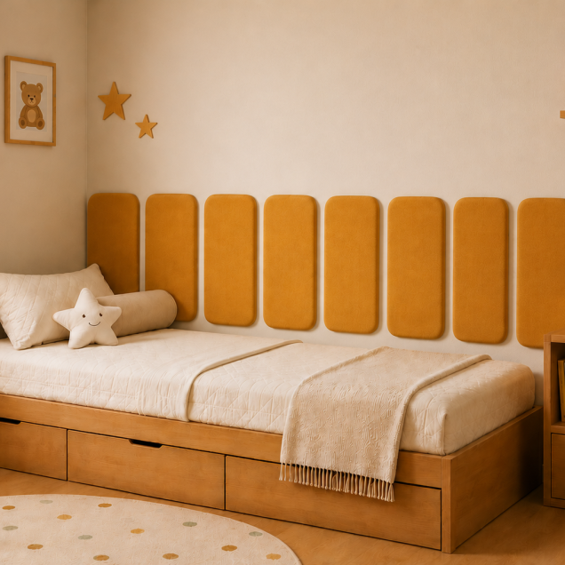 Panouri tapițate galbene cu design Cvadrat dispuse pe un perete deasupra unei canapele bej.