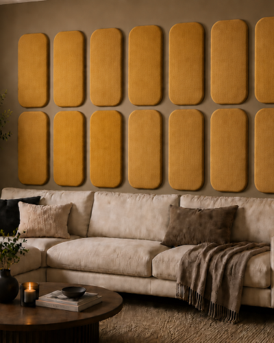 Panouri tapițate galbene cu design Cvadrat dispuse pe un perete deasupra unei canapele bej.