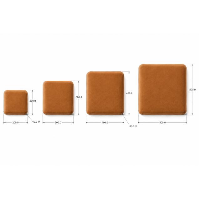 Panouri tapițate galbene cu design Cvadrat dispuse pe un perete deasupra unei canapele bej.
