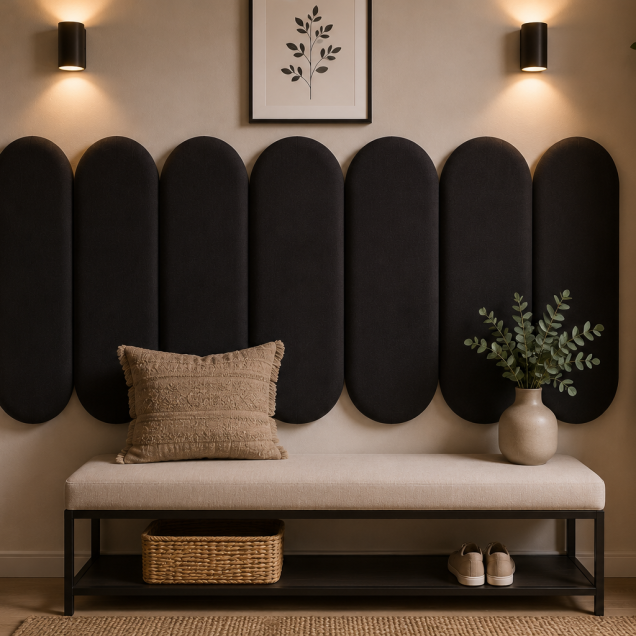 Panouri tapițate negre cu design geometric deasupra unui pat.