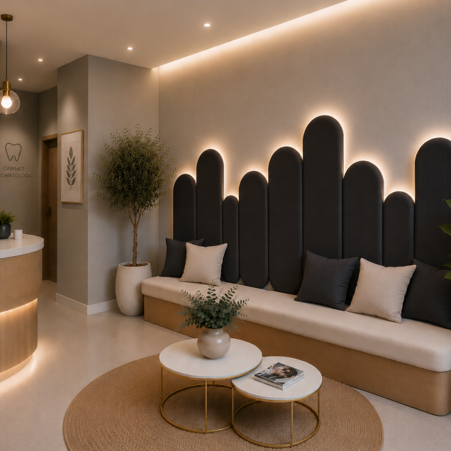 Panouri tapițate negre cu design geometric deasupra unui pat.
