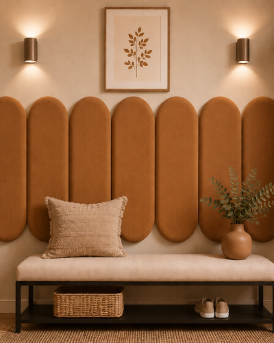Panouri tapițate negre cu design geometric deasupra unui pat.