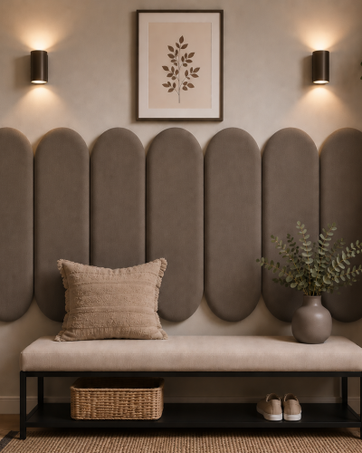 Panouri tapițate negre cu design geometric deasupra unui pat.