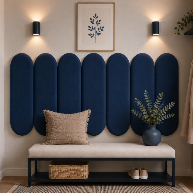 Panouri tapițate negre cu design geometric deasupra unui pat.