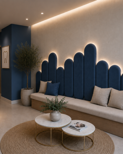 Panouri tapițate negre cu design geometric deasupra unui pat.