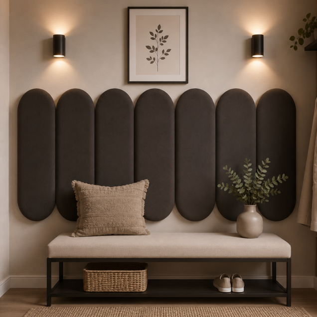 Panouri tapițate negre cu design geometric deasupra unui pat.
