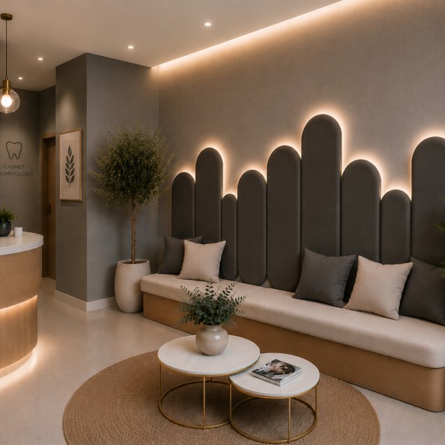 Panouri tapițate negre cu design geometric deasupra unui pat.