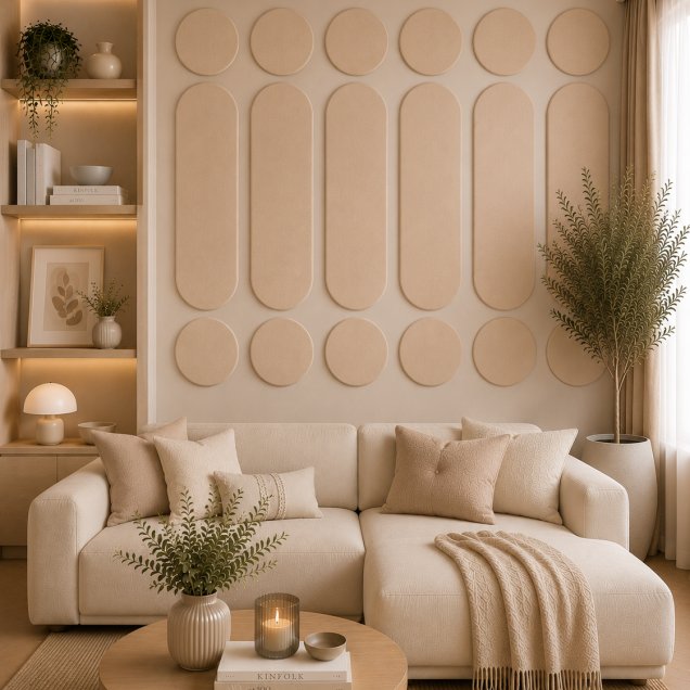 Panouri decorative rotunde negre aranjate pe un perete într-un hol modern