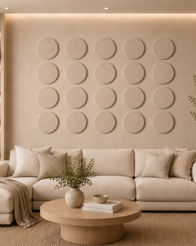 Panouri decorative rotunde negre aranjate pe un perete într-un hol modern