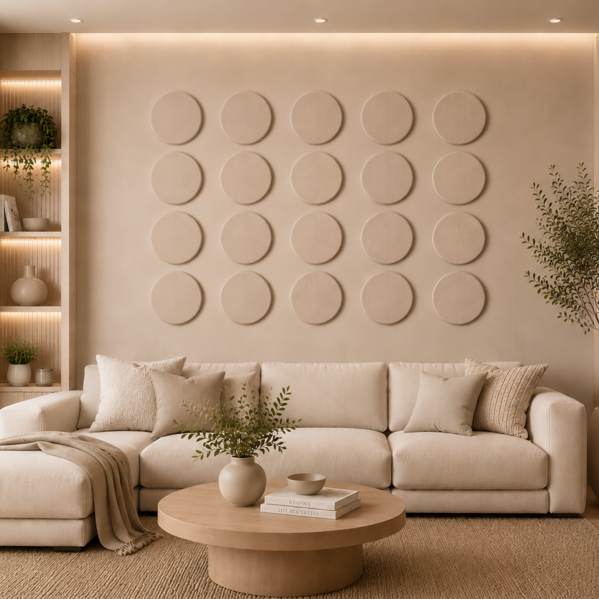 Panouri decorative rotunde negre aranjate pe un perete într-un hol modern