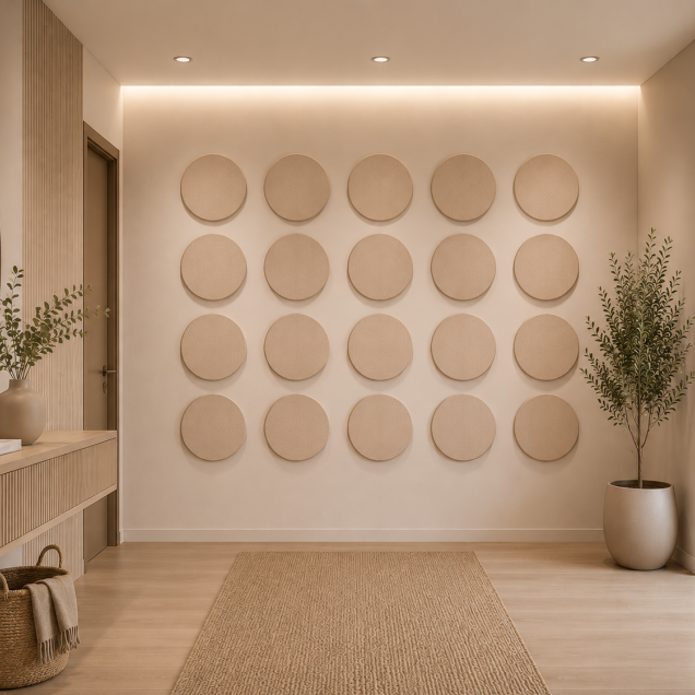 Panouri decorative rotunde negre aranjate pe un perete într-un hol modern