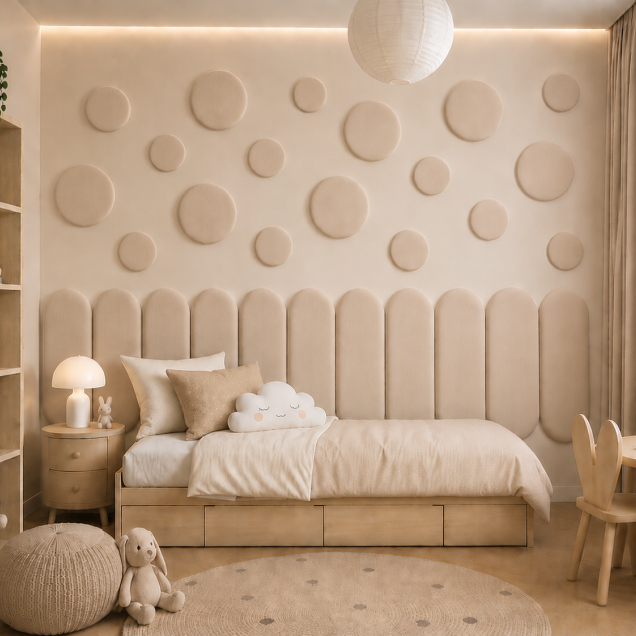Panouri decorative rotunde negre aranjate pe un perete într-un hol modern